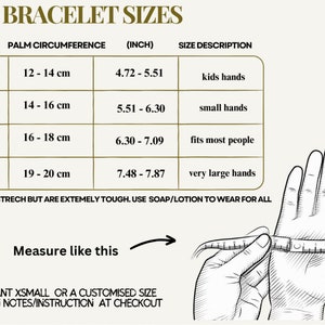 Op de afbeelding: Een tabel met de maten van armbanden in inches en centimeters. De tabel bevat maatbeschrijvingen voor kinderhanden, kleine handen, past de meeste mensen en zeer grote handen. De tabel bevat ook een diagram dat laat zien hoe je je pols moet meten voor de juiste maat.
