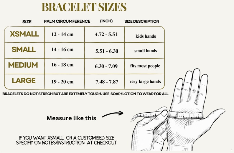 Op de afbeelding: Een tabel met de maten van armbanden in inches en centimeters. De tabel bevat maatbeschrijvingen voor kinderhanden, kleine handen, past de meeste mensen en zeer grote handen. De tabel bevat ook een diagram dat laat zien hoe je je pols moet meten voor de juiste maat.