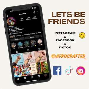 Op de afbeelding: Een screenshot van een Instagram-profiel voor een bedrijf genaamd AfroCrafted. De profielfoto is een kleurrijke kralenarmband. De profielbiografie luidt "Shopping & retail. All flags available. Custom-made Beaded Bracelets. Australia more. www.afrocrafted.com". Het profiel heeft 398 berichten, 1.870 volgers en 456 abonnees. Het profiel heeft ook een call-to-action om "Lets Be Friends" te worden met links naar Instagram, Facebook en TikTok. De tekst "@AFROCRAFTED_" is ook inbegrepen.