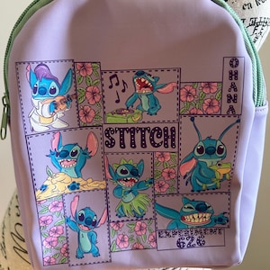 May include: Purple backpack with a green zipper and a patchwork design featuring Stitch from Lilo & Stitch. The design includes Stitch playing music, hula dancing, and holding a frog. The text "Stitch" and "Ohana" are included in the design.