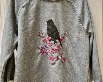 hand embroidered cherry blossom bird soft   sweatshirt