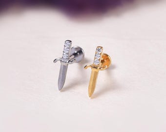 14k Gold Sword Cartilage Stud Earring: Titanium Zirconia Helix Piercing Threaded Conch Tragus