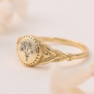 Zegelring geboortebloem: sterlingzilveren ring met bloemen, ringen maandbloemen