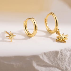 Minimal Celestial Star Earring Trio Set, 14K Gold Plated Copper Hypoallergenic Huggie Hoops & Star Studs Gift For Sensitive Ears