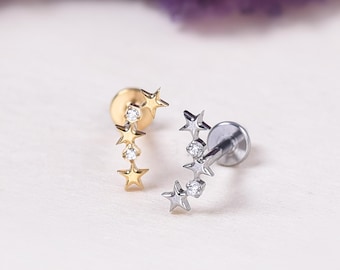 18g 16g Titanium Star Stud Earring, 14k Gold Cartilage Helix Tragus Earring, Internally Threaded Earring, Cochlear Earring, Flat Back Labret