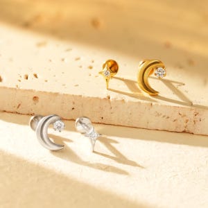 14k Gold Titanium Moon Star Zirconia Stud Earring: Cartilage Helix Tragus Threaded Flat Back