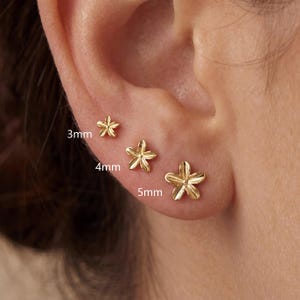 Könnte beinhalten: Drei goldfarbene blumenförmige Ohrstecker, die in einer Reihe an einem Ohrläppchen angeordnet sind. Die Ohrringe sind mit ihren jeweiligen Größen beschriftet: 3mm für den kleinsten, 4mm für den mittleren und 5mm für den größten Ohrstecker.