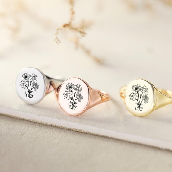 Sterling Silver Engraved Initial and Birth Flower Signet Ring Sterling Silver Engraved Initial and Birth Flower Signet Ring