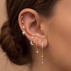 Celestial Moon Star Drop Dangle Earrings 18K Gold Plated Copper CZ Ear Stack Set