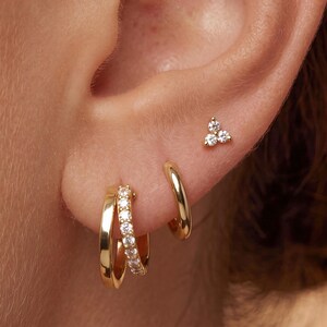 Dainty Minimal Curated Ear Stack Pack, 18K Gold Plated Copper Plain Hoop Paved CZ Hoop Triangle CZ Piercing Jewelry