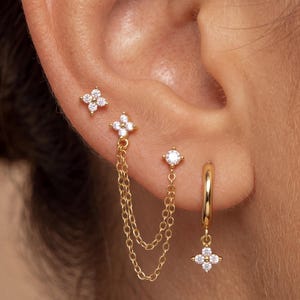 18K Gold Plated Copper Four Leaf CZ Ear Stack Set, Dainty Chain Dangle Cartilage Helix Tragus Piercing Earrings