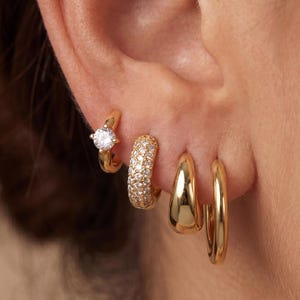 Dainty Multi Style Mini Huggie Hoop Earrings, 18K Gold Plated Copper Sparkle CZ Plain Teardrop Small Cartilage Hoop Ear Stack Jewelry