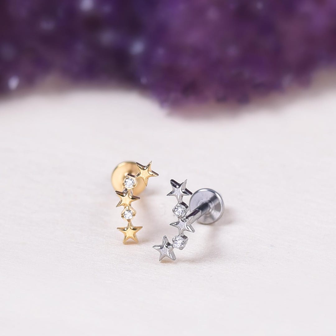 18g 16g Titanium Star Stud Earring, 14k Gold Cartilage Helix Tragus Earring, Internally Threaded Earring, Cochlear Earring, Flat Back Labret - Etsy Japan