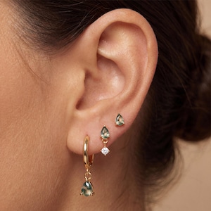 Moss Agate Earrings Set, 18K Gold Green Stone Flat Back Earrings & Dangle Hoop Earrings, Sterling Silver Cartilage Stud, Natural Gemstone