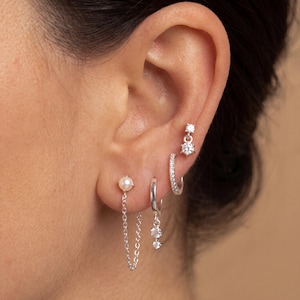 Dangle Huggie Hoop Earrings, Pearl Chain & Double CZ Charm Stackable Small Hoop Ear Jewelry