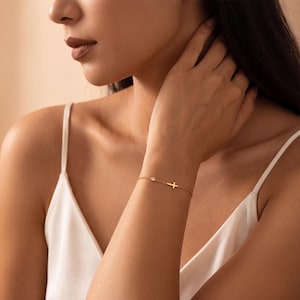 Gold 14K Gold Plated Tiny Cross CZ Bracelet, Dainty Minimal Side Cross Thin Adjustable Women Wrist Bracele