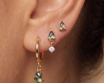 Moss Agate Earrings Set, 18K Gold Green Stone Flat Back Earrings & Dangle Hoop Earrings, Sterling Silver Cartilage Stud, Natural Gemstone