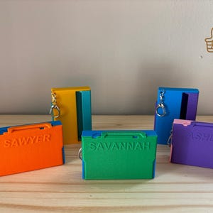 以下が含まれることがあります： オレンジ、緑、青、黄色、紫の、カラフルなパーソナライズされたキーホルダーのコレクション。各キーホルダーは、ハンドルと「Sawyer」、「Savannah」、または「Ashlyn」の名前が印刷された小さな長方形の箱です。