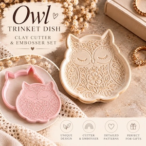 May include: An owl trinket dish clay cutter and embosser set featuring a cream-colored ceramic owl dish with intricate floral engravings and a matching pink plastic owl-shaped cutter and embosser tool for clay crafting projects.