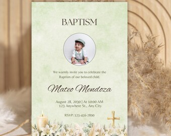 Green Baptism invitation digital template, quick and easy access, edit on Canva