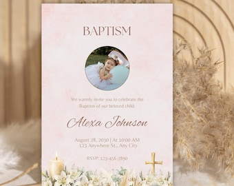 Pink Baptism invitation digital template, quick and easy access, edit on Canva