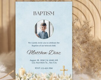 Blue Baptism invitation digital template, quick and easy access, edit on Canva