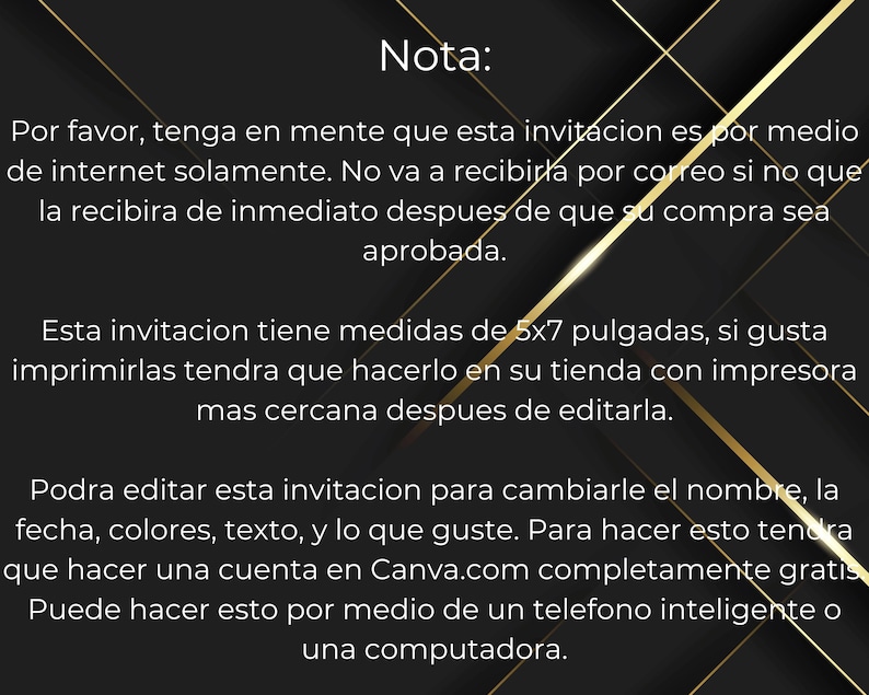 May include: A black and gold graphic with white text explaining that this invitation is for online use only and can be edited in Canva.com. The text also states that the invitation is 5x7 inches and can be printed at a local print shop.