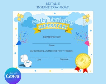 Potty Training Certificate, editable, instant download, template, for girls and boys