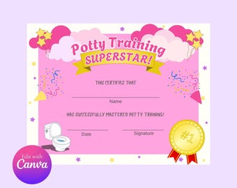 Potty Training Certificate, editable, instant download, template, for girls and boys