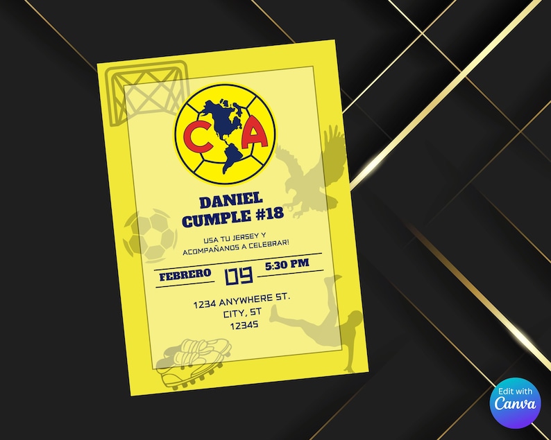 May include: Yellow invitation with a soccer ball graphic and the text "DANIEL CUMPLE #18" in blue. The invitation includes the date "FEBRERO 09" and time "5:30 PM".