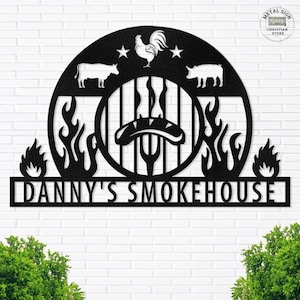Custom BBQ Smokehouse Metal Sign Rustic Grill Decor for Outdoor Kitchen or Backyard – Personalized Wall Art for Meat Lovers & Fire Pit Are