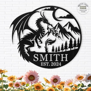 Dragon Fire Custom Metal Sign – Personalized Fantasy Wall Art with Name & Est Year, Rustic Mountain Decor for Home or Game Room