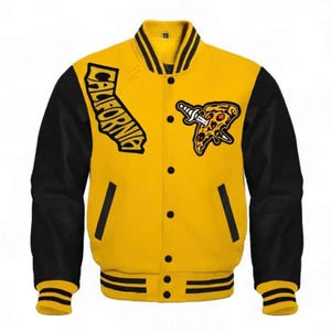 Chaqueta universitaria de Halloween B, chaqueta negra y amarilla, mangas de lana y cuero, chaquetas Letterman personalizadas, chaquetas bomber, atuendo de Halloween