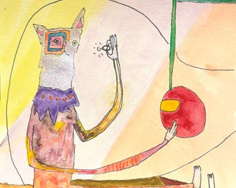 May include: A watercolor illustration of a cat-like creature with a purple and white collar, holding a small object in its hand. The creature is sitting on a yellow and orange background with the text "the operator" above it.