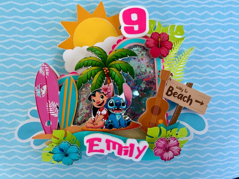 May include: A vibrant, layered birthday decoration with a tropical theme. Features Lilo and Stitch, surfboards, a palm tree, and a ukulele. Includes the number 9, the name "Emily", and a sign that says "Way to Beach".