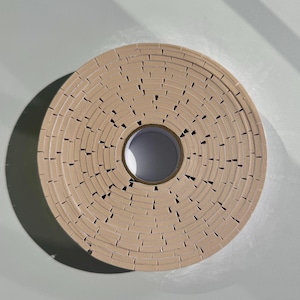 May include: A roll of brown tape with a serrated edge. The tape is wound around a white core.