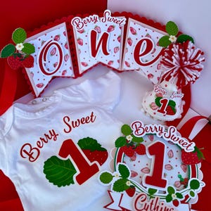 Strawberry First Birthday Decor Set: Banner, Cake Topper, Hat & Onesie
