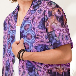 Alien Mandala Button Up Shirt - Purple Psychedelic Kaleidoscopic Mandala - Bold Design Lightweight Recycled Polyester Hawaiian Tee