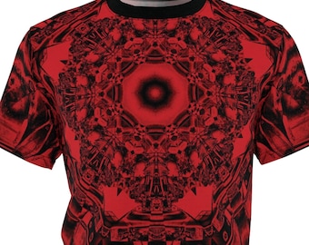 Red & Black Dystopian Mandala Shirt. Ominous Glitchy Abstract Sacred Geometry Kaleidoscopic Design. Sci-fi , cosplay, futuristic fashion tee