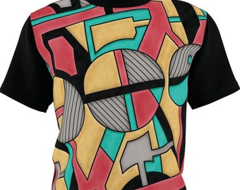 Bold Geometric Print Shirt - Future Fashion Tee in Red, Black, Turquoise & Grey - Men's and Women's Urban Streetwear