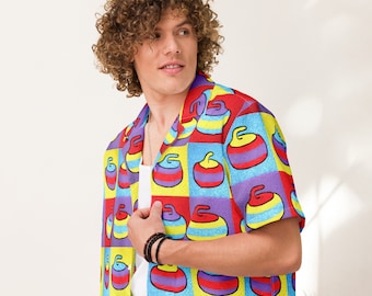 Pop Art Curling Themed Button-Up Shirt - Graphic Style Curling Stone Drawing Quadtych Pattern Button Down Tee