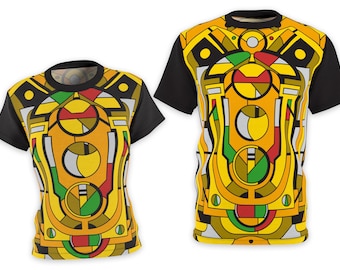Yellow and Black Cyber Fashion Graphic T-Shirt. Futuristic Alien Robotic Abstract Geometric Design. Costume / Festival / Cool Streetwear