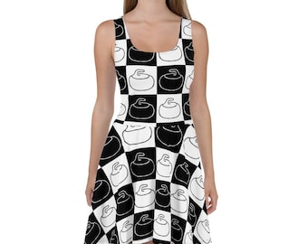 Skater Dress - Two-Tone Curling Stone Pattern - Black and White Checkerboard Quadtych Design - Curling / Winter Sport Fan Dress
