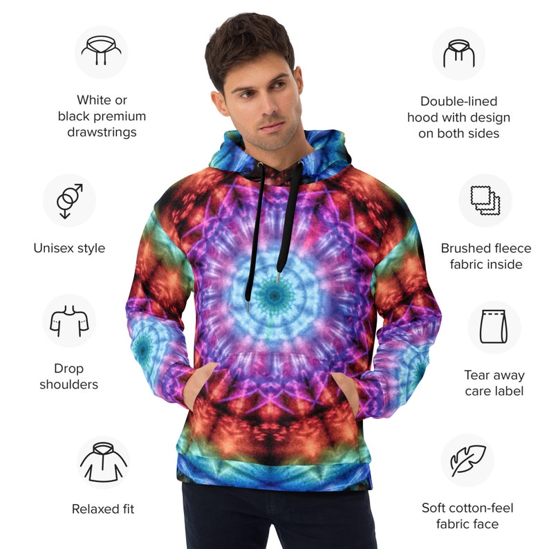 Psychedelic Tie Dye Hoodie Unisex Rainbow Mandala All Over Print Pullover Hooded Sweatshirt image 6