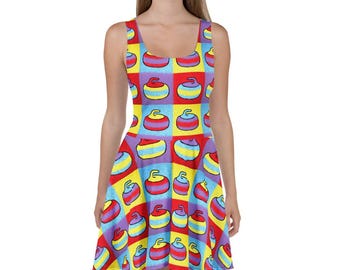 Skater Dress - Pop Art Curling Stone Pattern - Bright Colored Checkerboard Quadtych Design - Curling / Winter Sport Fan Dress