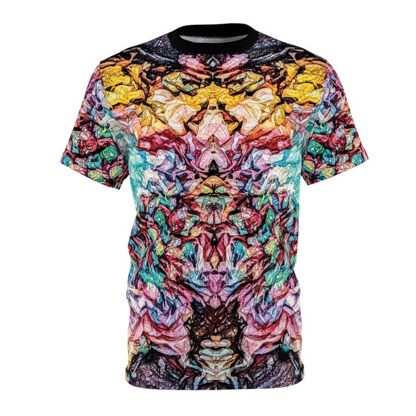 All-Over-Print T-shirt with Prismatic Glitchy Textured Abstract Inkblot Design. Cool Polyester Tee for Festivals, Cosplay, or Streetwear.