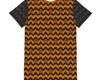 Halloween Chevron T-Shirt Dress | Ghost & Jack-o'-Lantern Pattern | Spooky Halloween Dress | Festive Fall Fashion | Casual Halloween Outfit