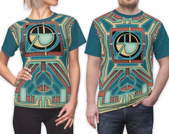 Green Neo Art Deco / Nouveau Design Graphic T-Shirt. Non-Figurative Geometric Abstract Cut-and-Sew All-Over-Print Polyester Tee