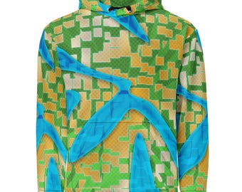 May include: A hooded sweatshirt with a vibrant, abstract design. The pattern features a mix of green, yellow, and white squares, overlaid with flowing, bright blue shapes. The hoodie has a drawstring and a front pocket.
