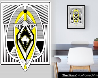 Art Deco Inspired Poster - Black and Yellow Hard Edge Geometric Abstract Design - 18x24 (Arch C) Vertcial Print - "The Wasp"